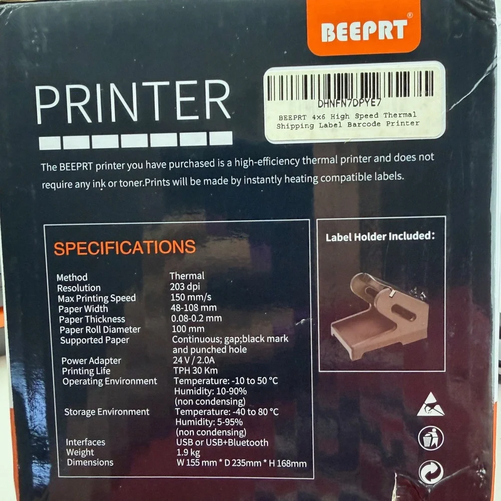 BEEPRT Thermal Label Printer with Holder Black USB or Blue Tooth